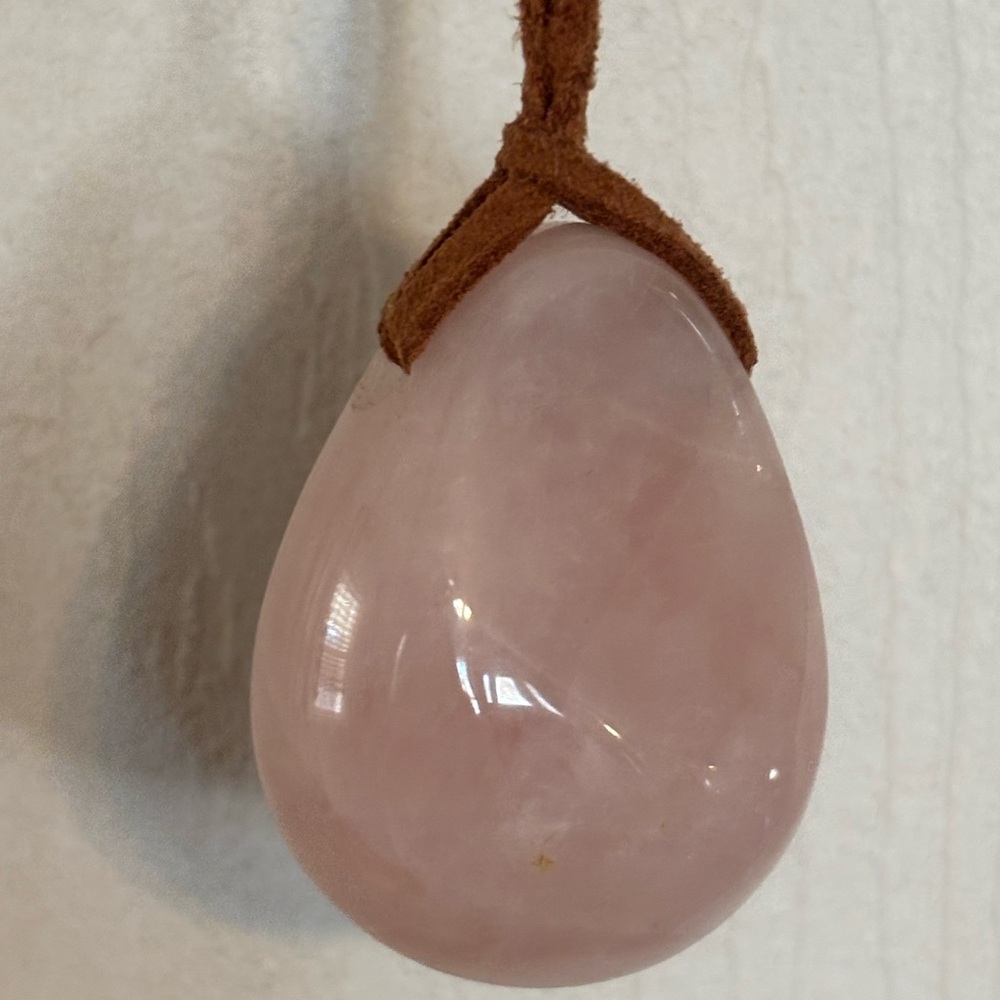 Rose Quartz Pendant Necklace Tan Leather Cord